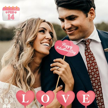 Valentine's Day Photo Booth Props Selfie Photobooth Props for Photoshoot Funny Masks Love Heart Glasses Mustache Backdrop Decorations Supplies Wedding Party DIY Posing Signs Favor 25 Pcs