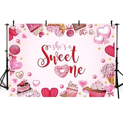 MEHOFOND Valentines 1st Birthday Backdrop for Girl - She's A Sweet One Heart Banner Photo Studio Props Background 7x5ft - color: Pink, size: 7x5ft