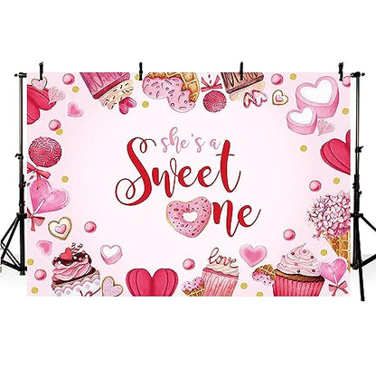 MEHOFOND Valentines 1st Birthday Backdrop for Girl - She's A Sweet One Heart Banner Photo Studio Props Background 7x5ft - color: Pink, size: 7x5ft