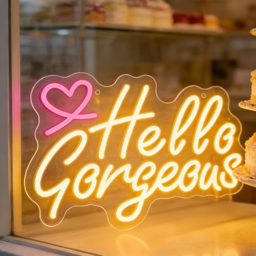 Hello Gorgeous Neon Sign for Wall Decor Pink Heart Light Up Letters Led Sign Birthday Party Signs Led Decorative Night Signs Room Decorations Christmas Party Gifts for Girls Friends Bedroom - color: DG7