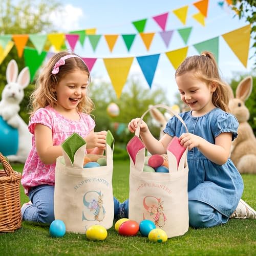 VEELU Personalized Easter Bunny Basket Custom Name Rabbit Bag for Boys & Girls Customized Storage Bucket Egg Hunting Bags for Party Tote Decorative Birthday Party Gifts
