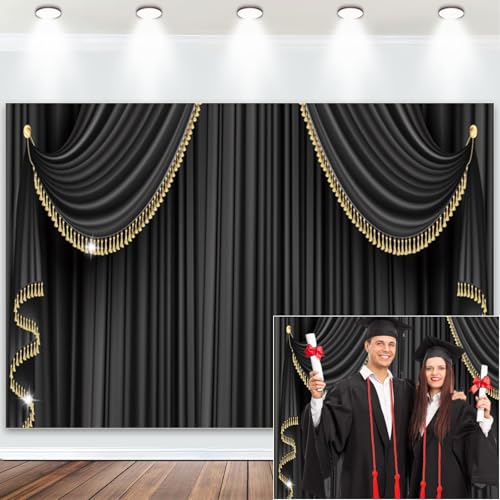 Fabric 10x8ft Black Curtain Backdrop for Photography Luxury Theater Stage Golden Tassel Curtain Background VIP Events Graduation Prom Wedding Ceremony Photo Shoot Decor Props - size: 10x8ft(WxH)