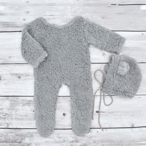 Zeroest Newborn Photography Props Boy Outfits Bear Baby Girl Photo Props Outfits Hat Footed Romper Sleeved Set for Photoshoot - color: Gray