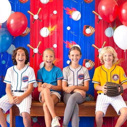 2Pack Baseball Backdrop Banner Baseball Birthday Party Decorations Supplies for Boys Kids, Sports Themed Party Decorations Blue White Red Tinsel Backdrop Foil Fringe Curtains Door Streamers
