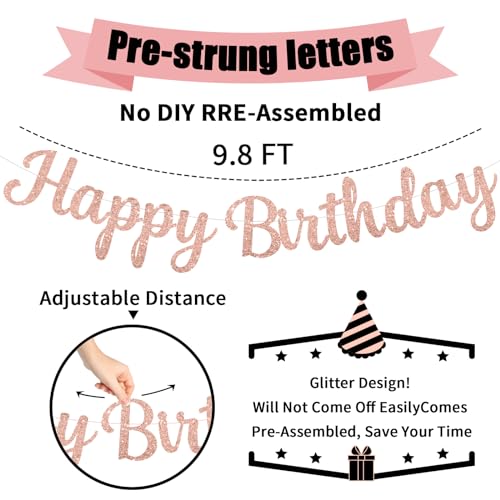 Pre-Strung Rose Gold Happy Birthday Banner NO DIY for Women Men Party Decorations - color: Rosegold