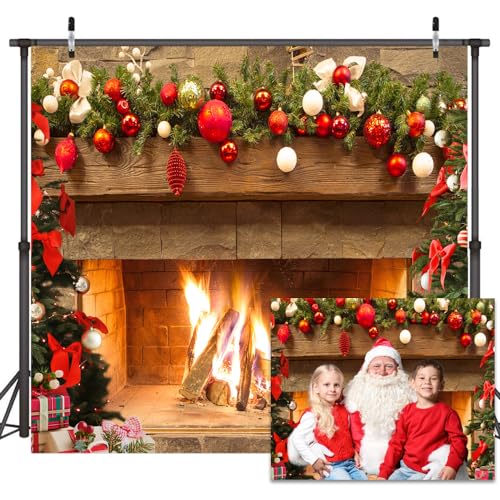 Lofaris Christmas Fireplace Photography Backdrop Winter Xmas Tree Colorful Festive Backgrounds Interior Vintage Merry Christmas Eve Party Photo Booth Studio Props10x10ft - size: 10x10ft