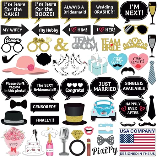 Wedding Photo Booth Props - 52 Pieces, Multicolored - Fun Photoshoot Party Selfie Accessories - Silly Group Picture Favors for Wedding Reception or Anniversary - Party Supplies & Decorations - color: Multicolored, size: 1 Set(52Pcs)