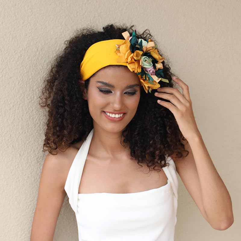 Flower Headbands for Women Boho Yellow Floral Headband Wide Autumn Wedding Hairband statement Hair Accessories(Yellow) - color: Yellow