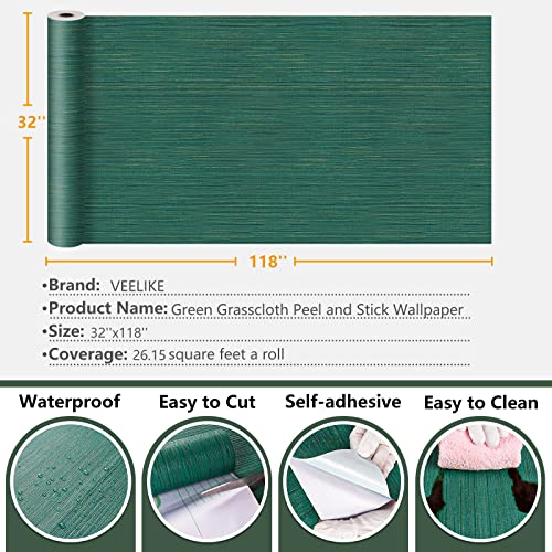 VEELIKE Textured Teal Green Grasscloth Peel and Stick Wallpaper 32''x118'' Faux Grasscloth Wallpaper Self Adhesive Waterproof Removable Fabric Contact Paper for Walls Cabinets Furniture Powder Room - color: Teal Green, size: 32" x 118"