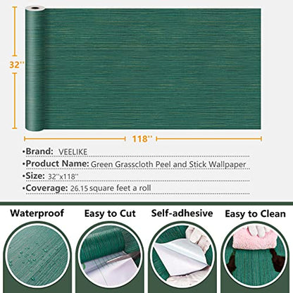 VEELIKE Textured Teal Green Grasscloth Peel and Stick Wallpaper 32''x118'' Faux Grasscloth Wallpaper Self Adhesive Waterproof Removable Fabric Contact Paper for Walls Cabinets Furniture Powder Room - color: Teal Green, size: 32" x 118"