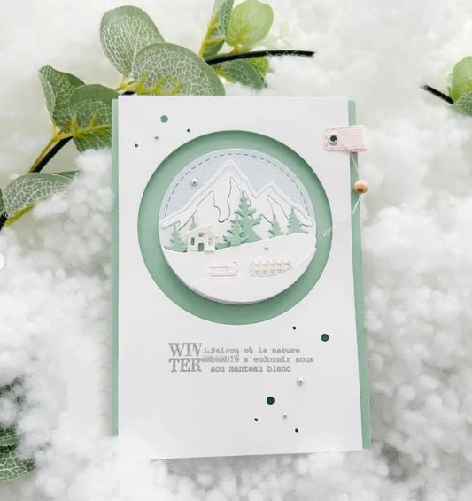 Lapoo 3D Backgrounds Metal Cutting Die for Scrapbooking, New Cutting Dies DIY Album Card Making Decor Paper Craft Metal Die Cuts Party Wedding Decorations (Round Snow Mountain Hut Fence 3.8 x 3 in) - color: Round Snow Mountain Hut Fence 3.8 x 3 in