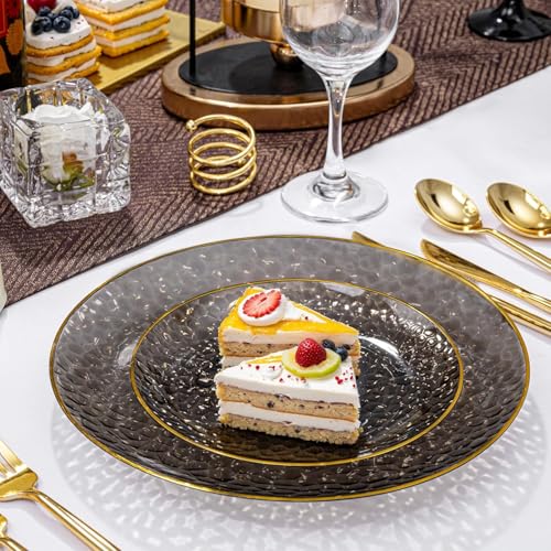 Rubtlamp 60Pcs Black Plastic Plates, Black Disposable Plates With Gold Rim, Clear Heavy-duty Party Plates, Hammered Plastic plates Include 30 Dessert Platos, 30 Dinner Platos for Party - color: Clear Black Gold