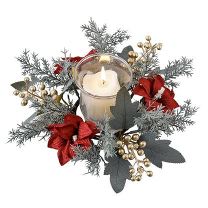 Christmas Candle Ring Kitchen Cabinet Wreath Xmas Table Centerpieces 9.8" Mini Rings Wreaths Candle Holder for Pillars Rustic Home Decor