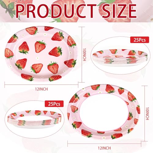 Grencian 50 Pcs Strawberry Oval Paper Plates Large 10" x 12" Strawberry Plates Disposable Berry Sweet Tableware for Girl Strawberry Birthday Party Decorations Spring Summer Fruit Baby Shower Supplies - style: Strawberry Oval Plates