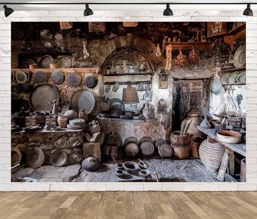 10x6.5ft Fabric Rustic Old Kitchen Backdrop Old Village Stone Kitchen Antique Pantry Monasteries in Meteora Greece Background Rural Farmhouse Cooking Utensils Backdrop Photo Booth Props - size: 10x6.5FT