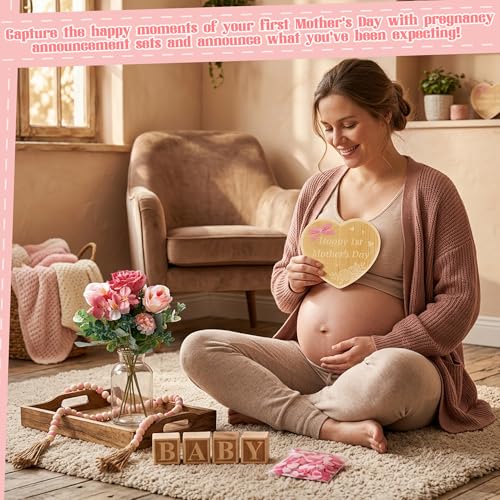 8Pcs Pregnancy Announcement Set for Mother's Day, Baby Reveal Ideas Include Pink Artificial Roses Beads Happy 1st Mother's Day Wooden Sign for Pregnancy Reveal Photo Prop Coming Soon Baby Announcement - color: Pink and White