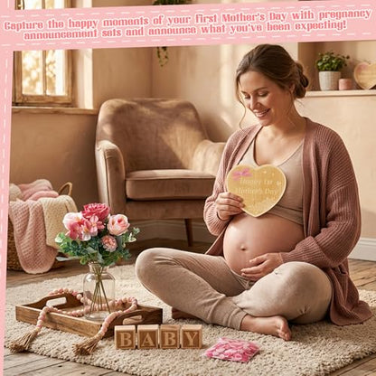 8Pcs Pregnancy Announcement Set for Mother's Day, Baby Reveal Ideas Include Pink Artificial Roses Beads Happy 1st Mother's Day Wooden Sign for Pregnancy Reveal Photo Prop Coming Soon Baby Announcement - color: Pink and White