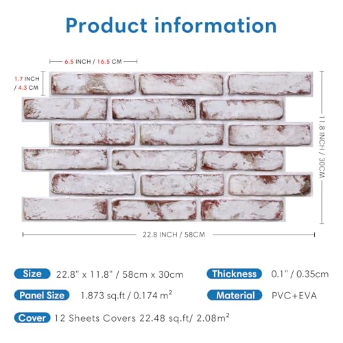 COMSTICKC 3D Faux Brick Wall Panel Red-Tinted White, Peel and Stick Wall Covering, 12 Pcs of 22.8" x 11.8", Not Real Brick, UrltraLight PVC Self Adhesive Wall Tile, Paintable, Covers 22.48 sq.ft - color: Red-Tinted White