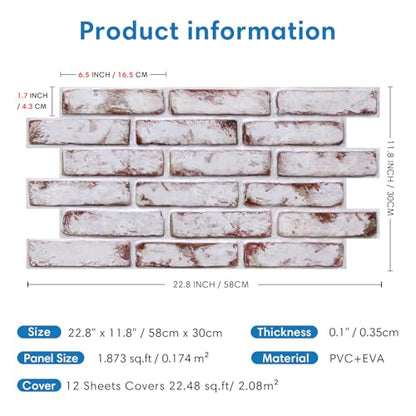 COMSTICKC 3D Faux Brick Wall Panel Red-Tinted White, Peel and Stick Wall Covering, 12 Pcs of 22.8" x 11.8", Not Real Brick, UrltraLight PVC Self Adhesive Wall Tile, Paintable, Covers 22.48 sq.ft - color: Red-Tinted White