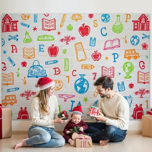 5x7ft Photography Backdrop Hand Painted Pencils Books White Brick Wall First Day School Online Photo Backdrop Photography Background for Photoshoot Portrait Video Party Photo Studio Prop Booth - color: Color1