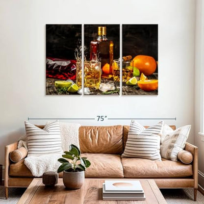 ElephantStock - Citrus Whiskey And Cigar Wall Art - Horizontal Multi Panel Canvas - 3 Piece Living Room Wall Decor - Photography Food And Drink Multi Piece Wall Art - Brown And Gray Decor - 57" x 36" - size: 57"L x 36"W