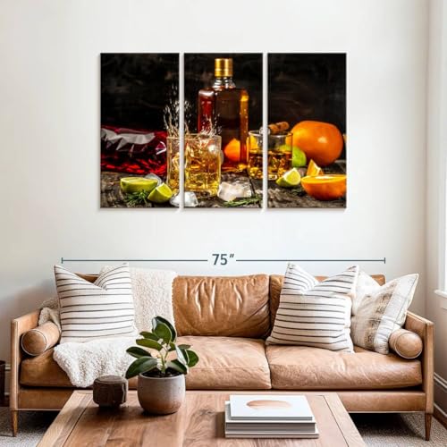 ElephantStock - Citrus Whiskey And Cigar Wall Art - Horizontal Multi Panel Canvas - 3 Piece Living Room Wall Decor - Photography Food And Drink Multi Piece Wall Art - Brown And Gray Decor - 57" x 36" - size: 57"L x 36"W