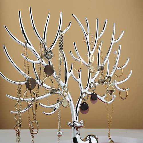 MORE&LESS Antlers Jewelry Display Stand,Silver Deer Hanging Organizer for Ring Earrings Necklace Bracelet - color: Silver