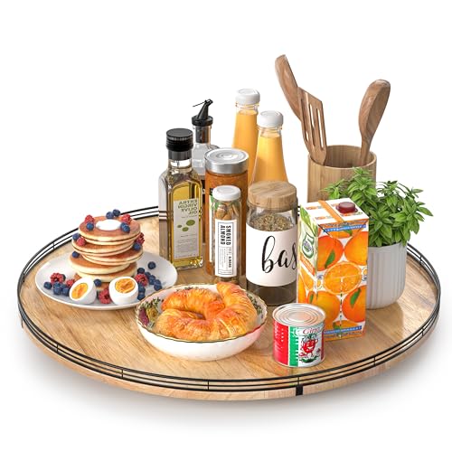 24" Lazy Susan Oak Wood Turntable Organizer for Cabinet, Farmhouse Round Wooden Large Lazy Susan Organization and Storage for Dining Table, Pantry, Kitchen, Countertop, Cupboard, Home Decor - color: Brown & Black, size: 24 inches