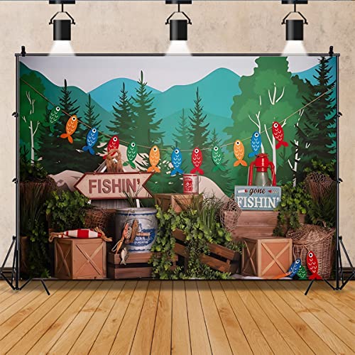 Gone Fishing Photography Background Forest Green Plants Boy Child Birthday Party Cake Smash Portrait Backdrop Baby Shower Party Photo Booth Props,5x3ft - size: 5ft x 3ft