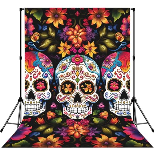 Colorful Flower Skulls Backdrop Background for Photography 5x7ft Photobooth Professional Photo Backdrop Curtains Video Photography Studio Photo Backgrounds Banner Booth Background Screen Parties - color: Colorful Flower Skulls