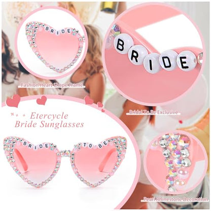 Etercycle Bride Sunglasses, Heart Sunglasses for Bachelorette Party, Fashion Rhinestone Pink Sun Glasses For Bride to Be Gift - color: Pink Diamonds