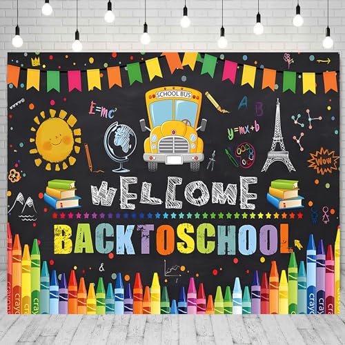 Welcome Back to School Backdrop 10x8ft Cartoon School Bus Photo Background for Photoshoot Fabric Photography Backdrop Online Teaching Background Teachers Students Photocall Backdrop - color: School Bus, size: 10x8ft