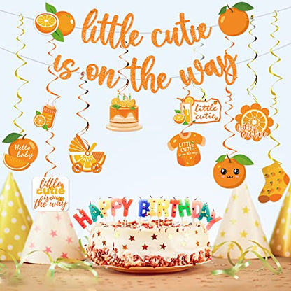 Little Cutie Baby Shower Decorations - 16pcs Orange Party Decorations 2pcs Glitter Baby Shower Banners 14pcs Orange Hanging Swirls Little Cute is on the Way Birthday Party Decor Supplies - style: Little Cutie