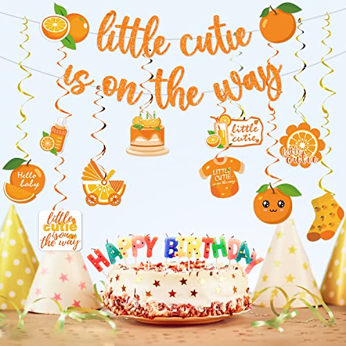Little Cutie Baby Shower Decorations - 16pcs Orange Party Decorations 2pcs Glitter Baby Shower Banners 14pcs Orange Hanging Swirls Little Cute is on the Way Birthday Party Decor Supplies - style: Little Cutie