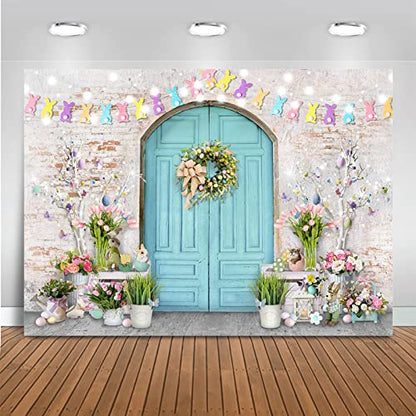 Mocsicka Easter Backdrop Blue Wooden Door with Brick Wall Bunny Rabbit Spring Photography Background Easter Day Party Decorations Photo Studio Props - size: 7x5ft (82x60 inch)
