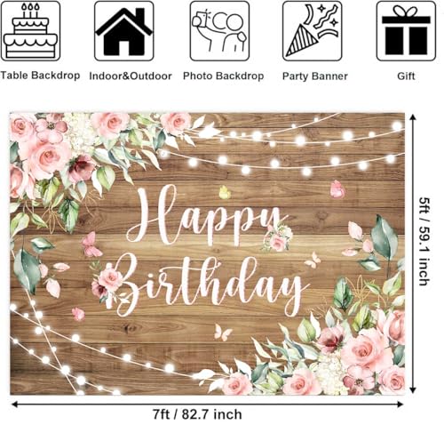 Sensfun Rustic Wood Floral Birthday Backdrop Banner Pink Flower Wooden Photography Background Butterfly Women Girls Birthday Party Decorations Supplies Photo Booth Props 7x5ft - size: 7x5Ft