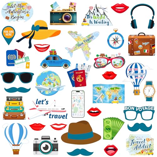37pcs Travel Theme Party Photo Booth Props Adventure Awaits Party Decorations Let The Adventure Begin Bon Voyage Map Theme Photo Props for Farewell Retirement Around The World Party Supplies