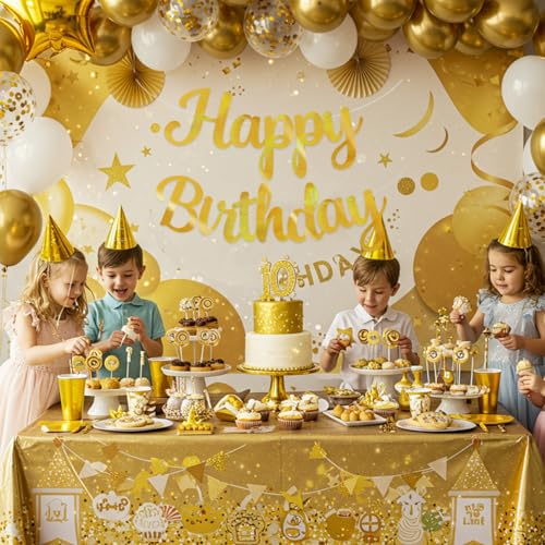 BEISHIDA Happy Birthday Banner - NO DIY,Double-Sided Gold 10Feet Pre-Strung-Glitter Birthday Sign Garland Backdrop Decorations for Women men Party - color: Double-Sided Gold