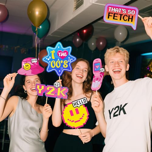 Y2K Photo Booth Props, Pink/Girls Party Favors for Birthday Female Bachelorette Vintage Retro 2000s 1990s Party Decor 19Pcs