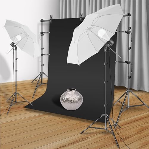 HYJ-INC Photography Umbrella Lighting Kit with 85w Led Bulb,Muslin Backdrop (White Black), Backdrop, Clips Clamp,8.5 * 10ft Photo Background Photography Stand System for Photo Video Studio Shooting