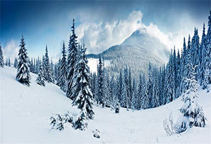 Laeacco Christmas New Year Theme Backdrop 7x5ft Vinyl Snowy Pine Forest Frosty Trees Remote Foggy Snow Mountains Blue Sky White Clouds Snowy Slope Background Xmas Eve Party Banner Child Baby Shoot - size: 7x5ft