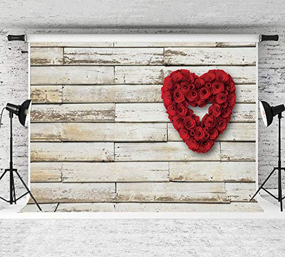 Red Rose Floral Wedding Photography Backdrop Valentine's Day Party Backdrops Love Heart Retro Wooden Wall Photo Background Bridal Shower Birthday Party Banner Photo Studio Prop 150 x 100cm Vinyl Cloth