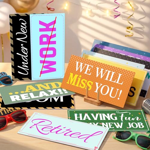 Beeveer 24 Designs Retirement Photo Booth Props Double Sided 11.02 x 5.51'' Photo Booth Props for Retirement Party Supplies Decorations DIY Water Proof Selfie Signs PVC Printing Party Favors - color: Colorful, style: Retire