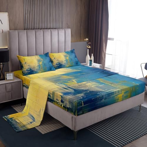 Erosebridal Yellow Teal Blue Ombre Fitted Sheet Vintage Artwork Bed Sheets Queen Size,Retro Watercolor Grunge Sheet Set for Kids Child,Hippie Artsy Urban Art Bed Cover Bohemian Decor - color: Multi 23, size: Queen