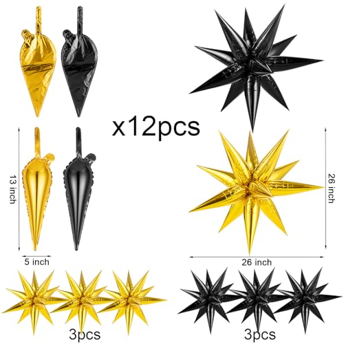 Gold Black Star Balloons, 72 Pcs 26 Inch Explosion Foil Cone Balloons, 12 Point Large Spike Balloon for New Year, Birthday, Graduation, Wedding, Backdrop, Party Decoration - color: Black, Gold, 26 Inch