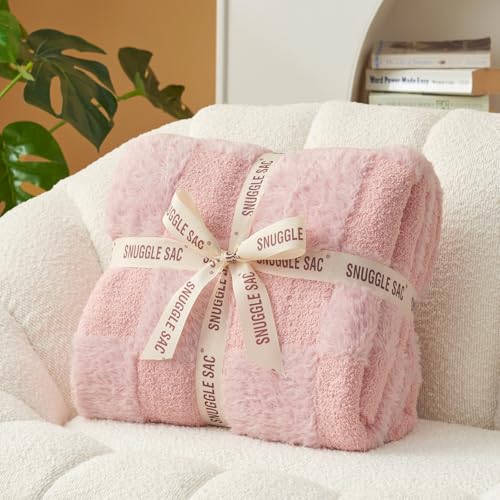 Snuggle Sac Checkered Throw Blanket,Fluffy Faux Fur Knitted with Soft Microfiber Warm Throw Blankets for Couch, Sofa, Chair, Bed, Camping, Picnic, Travel, Solid Pink, 50x60 inches - color: Solid Pink, size: Throw(50"x60")