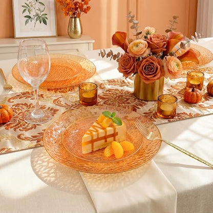 I00000 150Pcs Clear Orange Plastic Plates with Gold Rim,Orange Disposable Plastic Plates,Gold hammer patterned Disposable plates Set include 30 Dinner Plate,30 Dessert Plate,90 Silverware Set - color: Clear Orange