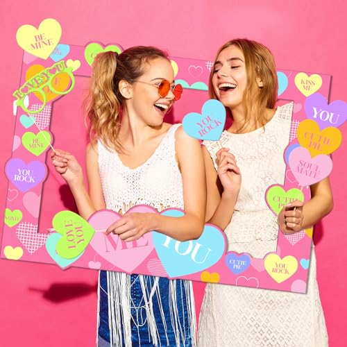 Valentines Day Photo Booth Props, Pink Romantic Valentine’s Day Selfie Photo Booth Picture Frame and Conversation Hearts Valentines Photo Props for Valentine’s Day Wedding Party Favors Decorations