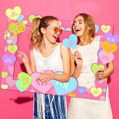 Valentines Day Photo Booth Props, Pink Romantic Valentine’s Day Selfie Photo Booth Picture Frame and Conversation Hearts Valentines Photo Props for Valentine’s Day Wedding Party Favors Decorations