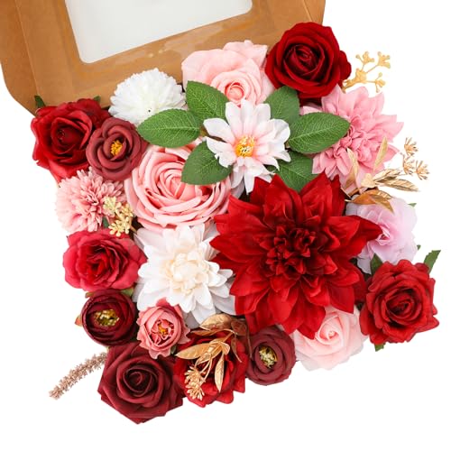 Floweroyal Artificial Flowers Combo Red Flowers Mix Silk Flowers Dahlia Roses with Stems for DIY Wedding Bridal Bouquets, Baby Shower, Floral Arrangement, Table Centerpieces, Home Decorations. - color: Red & Pink